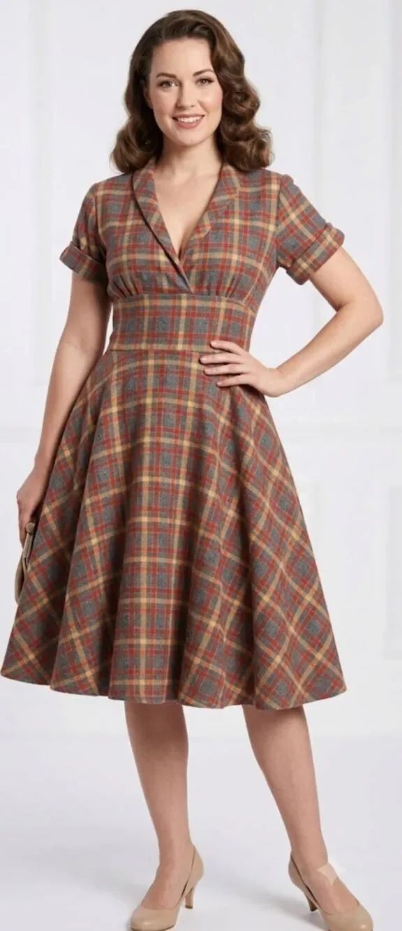 Bettie page women size 10 midi retro dress queen of pin up gingham plaid yellow
